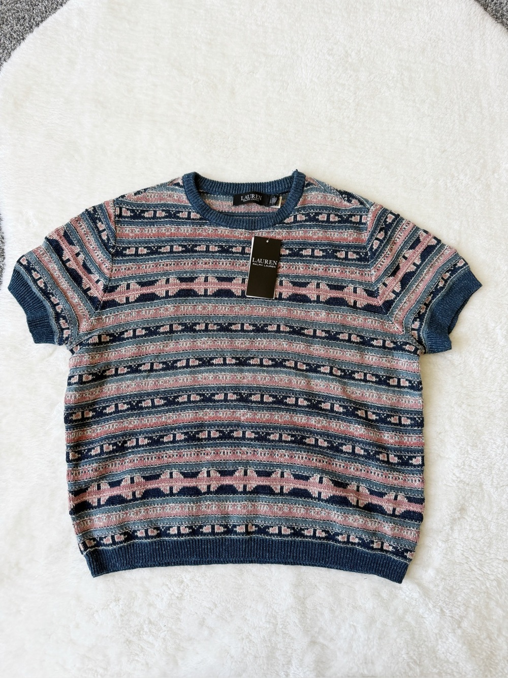 Lauren Ralph Lauren Geo-Stripe Short-Sleeve Sweater Linen blend size L NWT